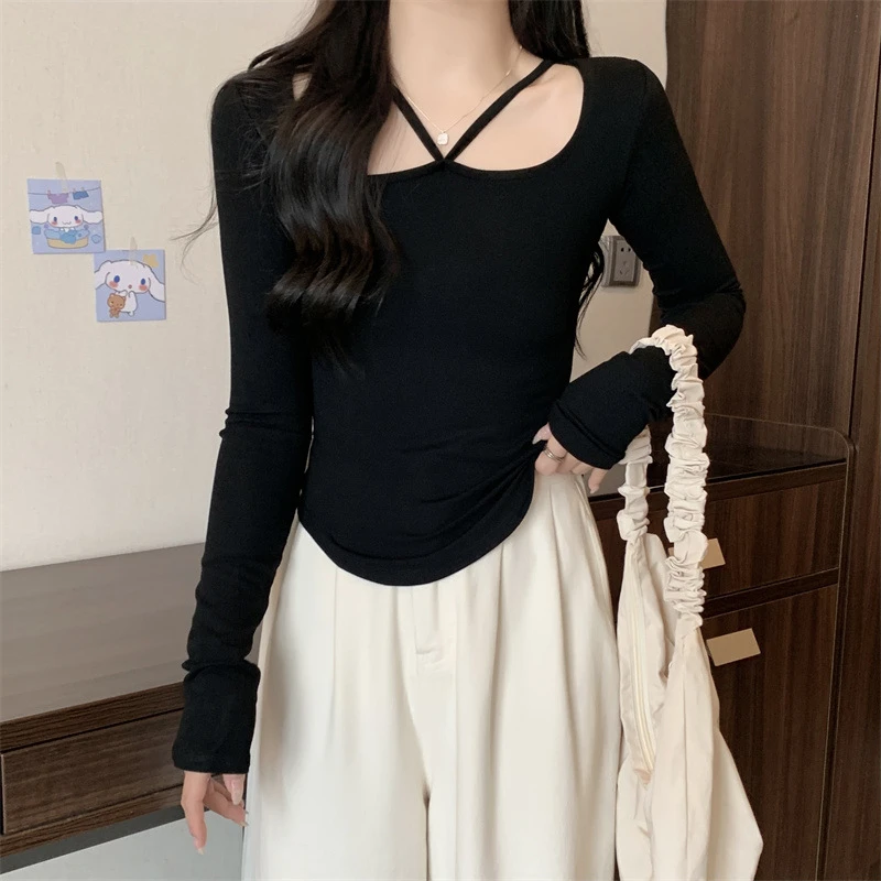 Korean Fashion Y2K T-shirt Woman Long Sleeve Crop Top Women Slim Hollow Out Tee Shirt Femme Solid Clothes Women Tshirt Autumn