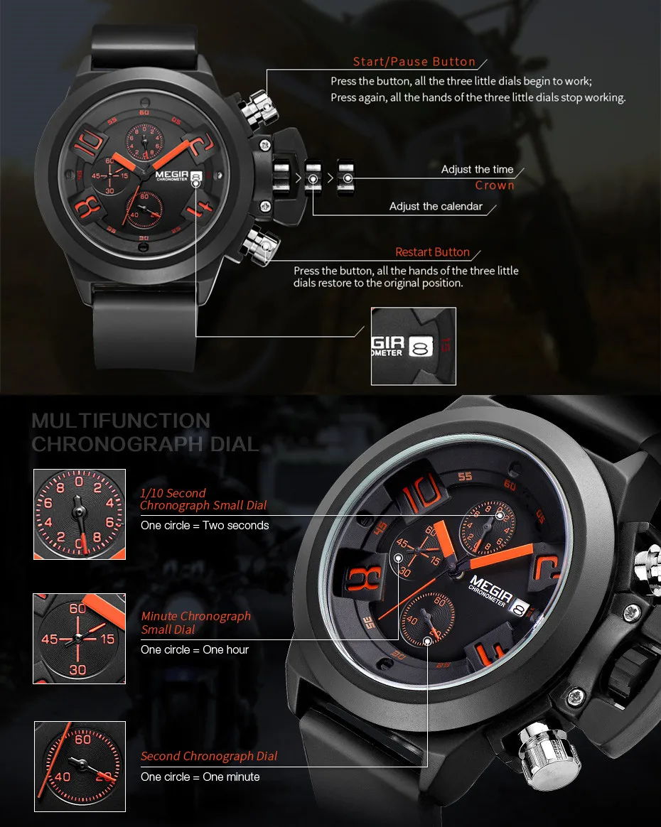 MEGIR Black Silicone Quartz Watch Luxury Sport Military Wristwatch Men Waterproof Clock Chronograph Large Dial Montre Homme 2002