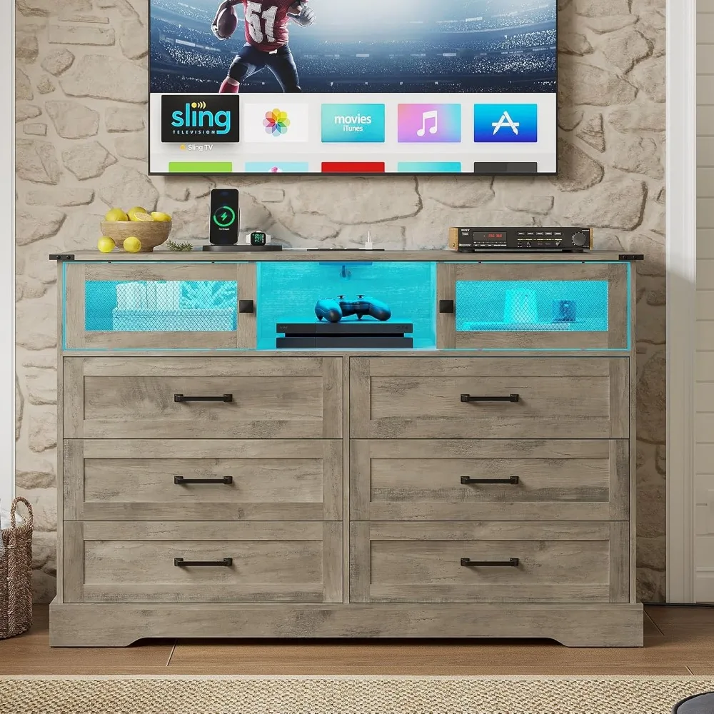 

6 Drawer Dresser with LED Lights and Charging Station, Farmhouse Chest of Drawers Closet Organizer, Clothes Storage Cabinet