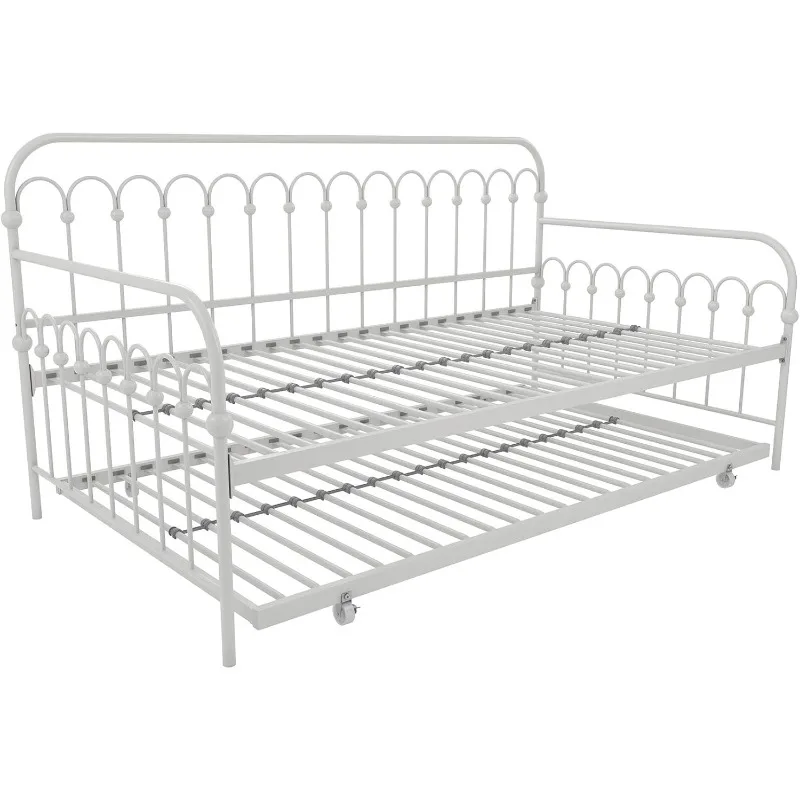 

Twin Size Metal Daybed and Trundle, Stylish & Multifunctional, Built-in Casters, 76.5"L x 40.5"W x 39.5"H,White