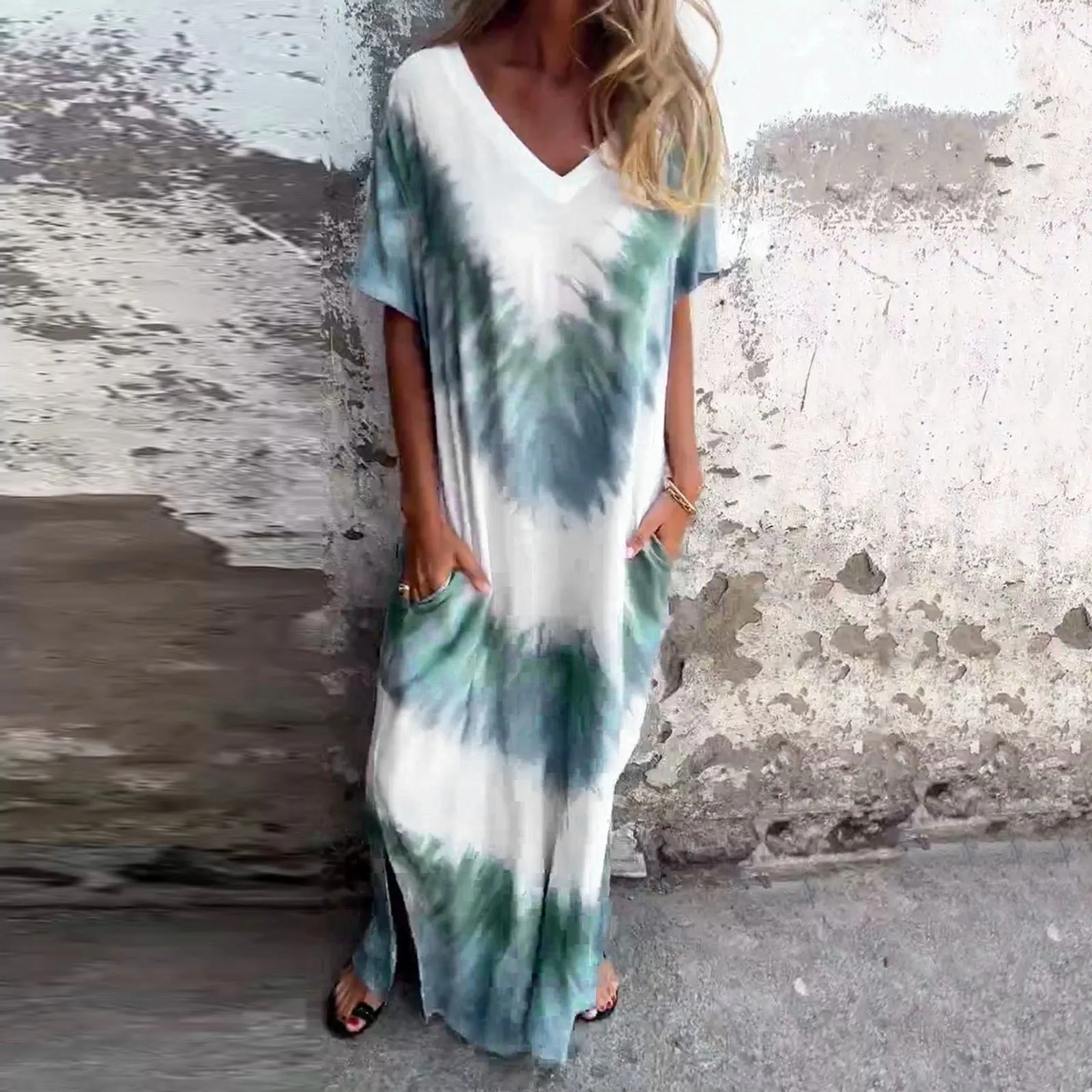 Women Casual Tie Dye Print Short Sleeve Dress For Weddings Formal Deep V Neck Loose With Pockets Beach Holiday Long Dresses