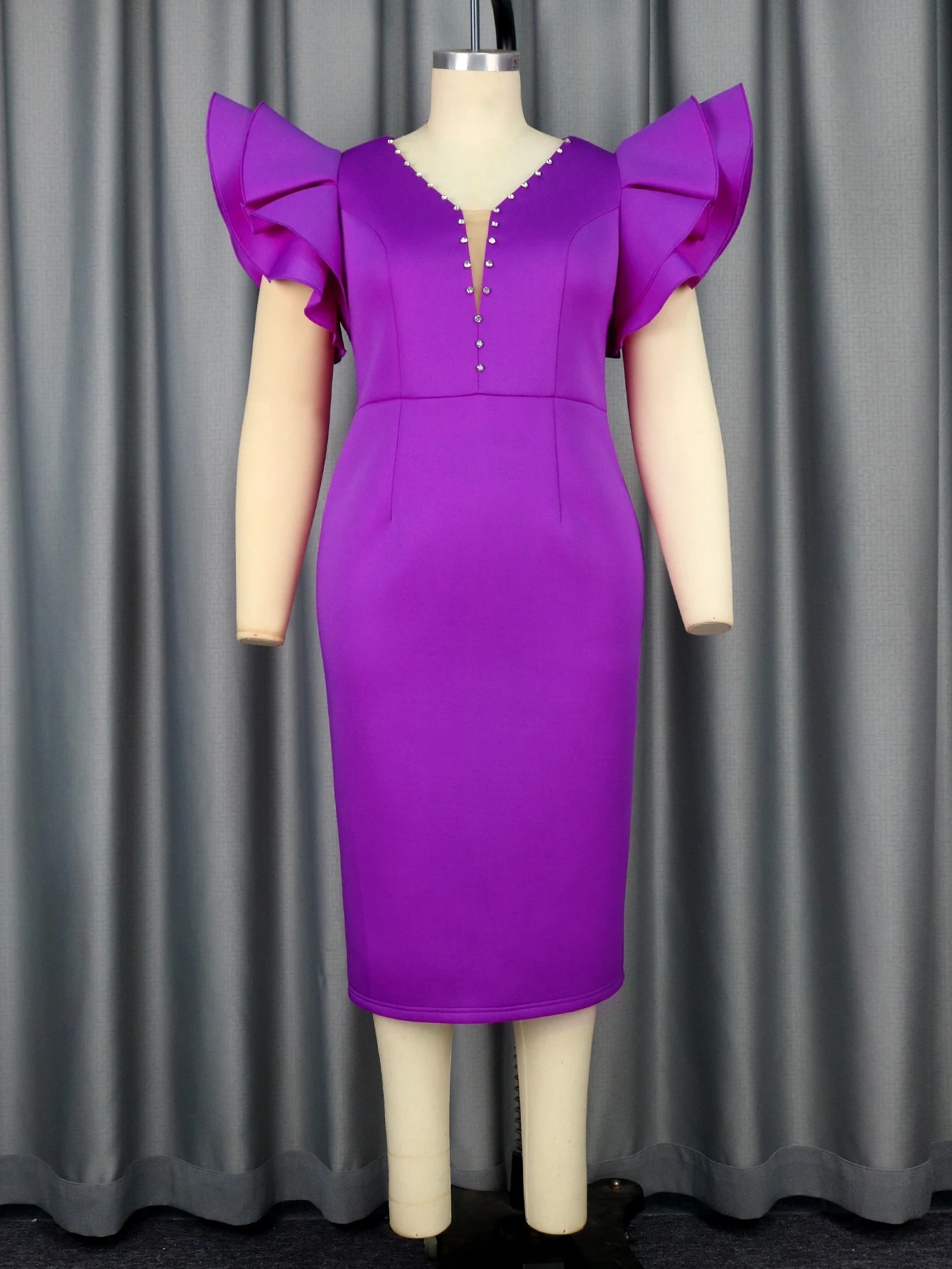 Purple V Neck Dresses for Women Short Flying Sleeves Diamonds High Waist Pencil Celebrity Birthday Dinner Occasion Female Gowns