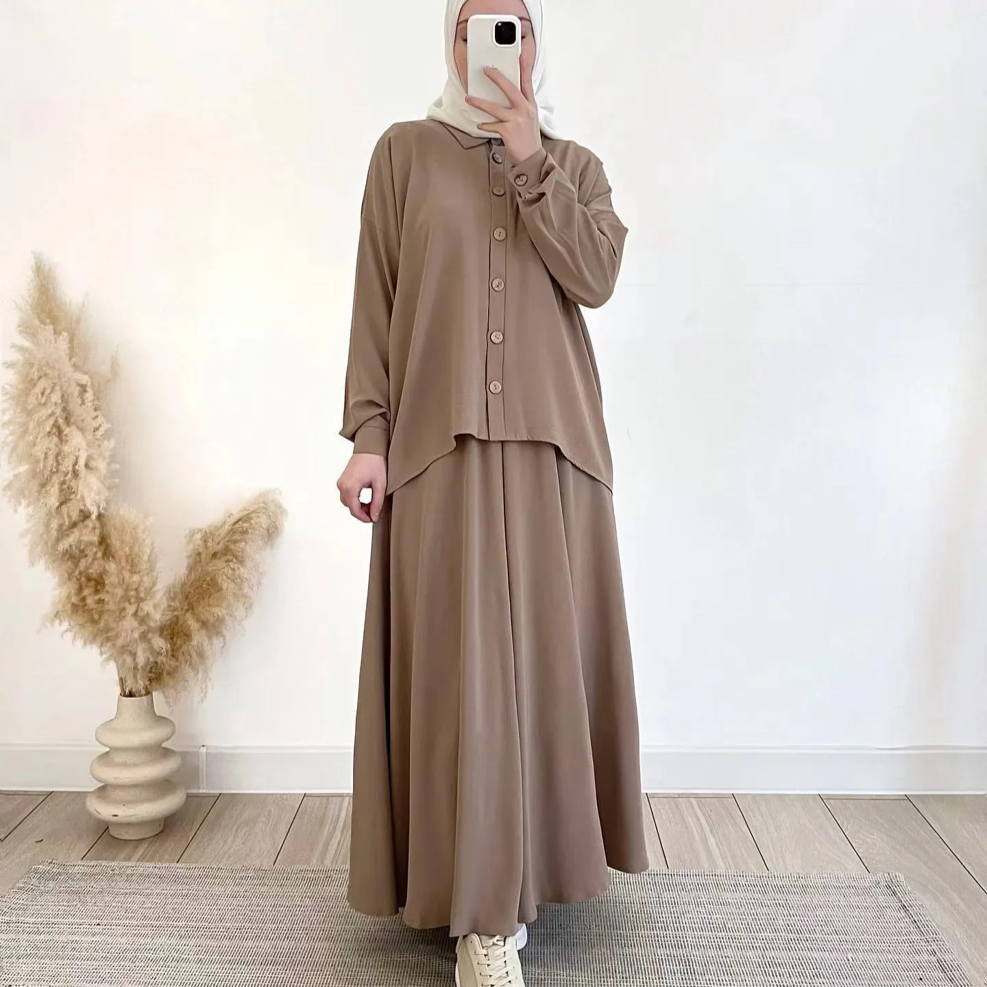 Islamic Women's Clothing Sets Muslim Long Sleeve Shirts+big Swing Skirts Two Pieces Casual Clothes Suits Ensembles Musulmans