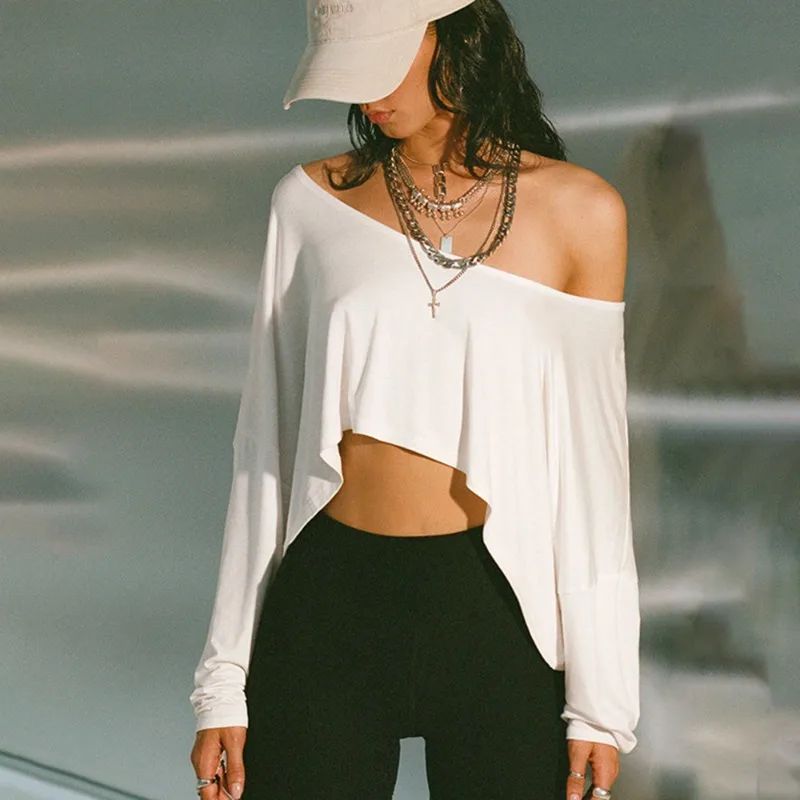 

Talenza White Off Shoulder Top Summer Fashion Solid Sexy Irregular Loose Long Sleeve Top Casual Commuting Streetwear Women's Top