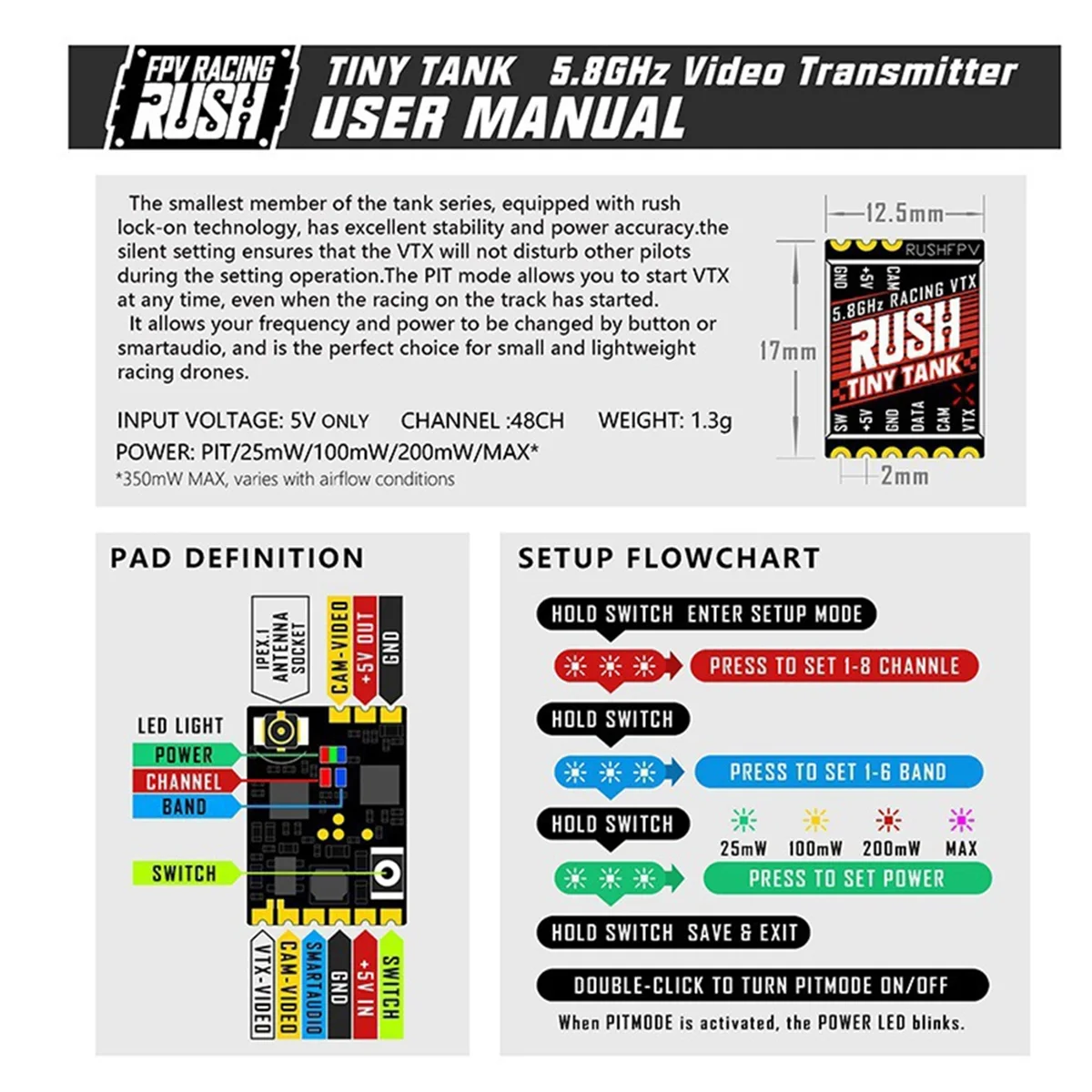 N97R Per RUSH TINY TANK VTX 5.8G 48CH 350mw 5V Nano FPV Trasmettitore TBS SmartAudio per FPV RC Racing Drone