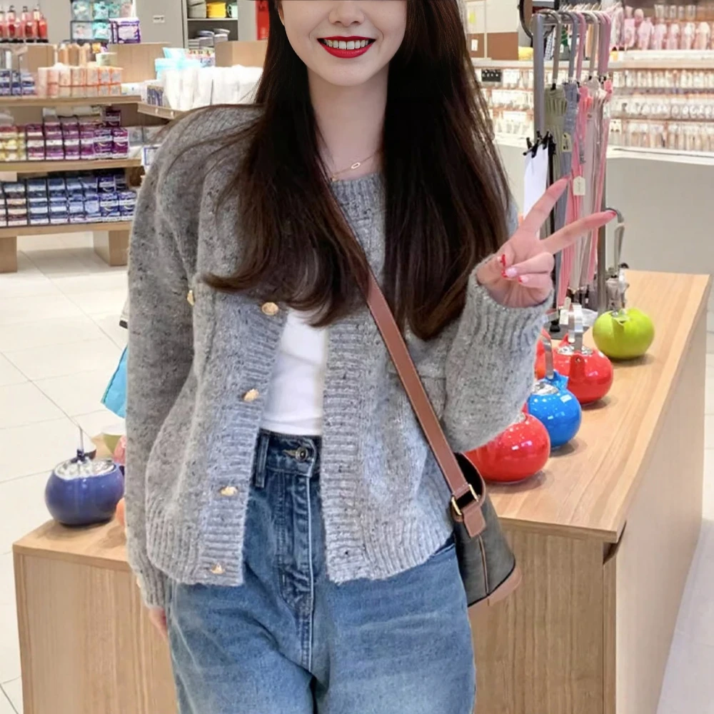 여성용 긴 소매 가디건 버튼 장식이 있는 일반 오픈 프론트 라운드 넥 캐주얼 스웨터 가을 겨울 달콤한 데이트용