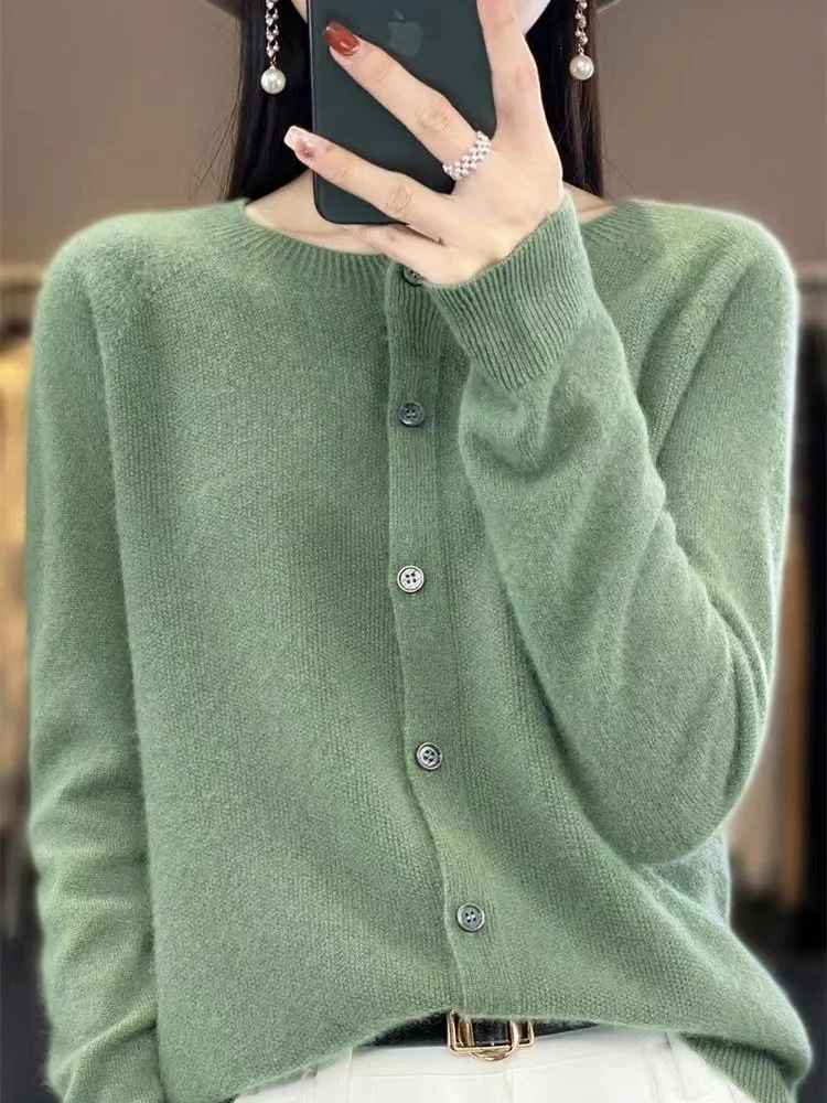 

New Fashion Spring 100% Pure Merino Wool Womens O-neck Cardigan Cashmere Sweater 2024 Female Clothing Grace Knitwear Korean Tops