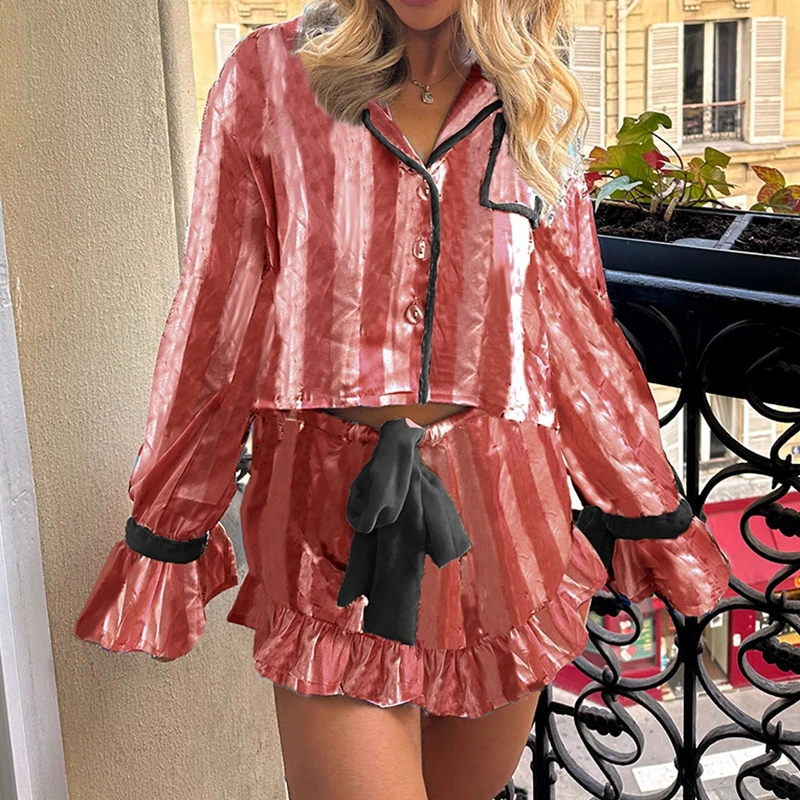 

Женский пижамный комплект в полоску, укороченные топы на пуговицах с длинными рукавами, шорты с рюшами и бантом, комплект одежды для сна из 2 предметов