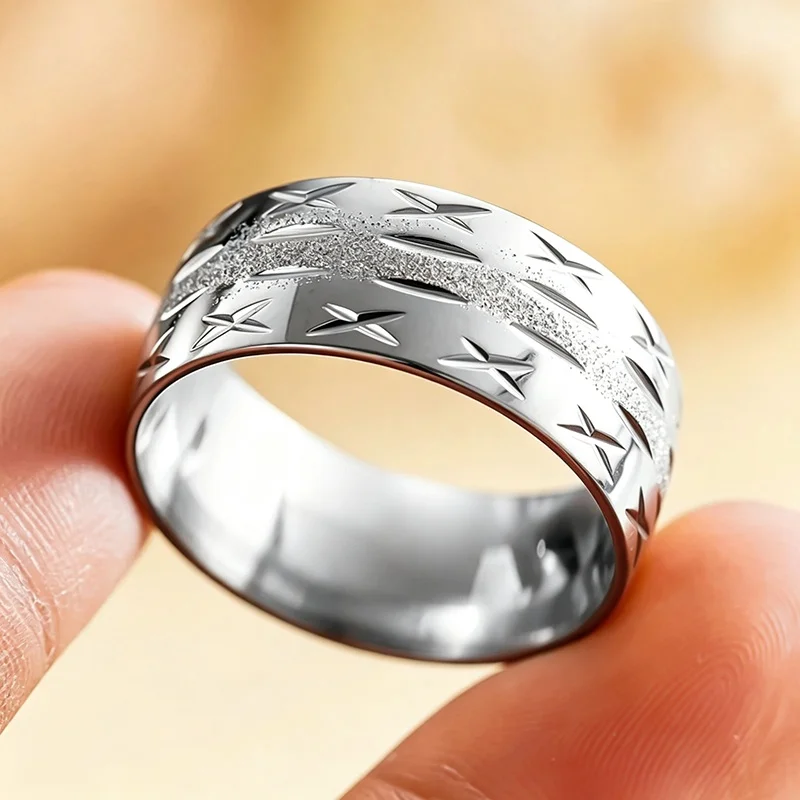 Huitan 10mm Stainless Steel Men/Women Ring Carved X‑Shape Pattern Glitter Sand Surface Wide Band Classic Wedding Party Jewelry