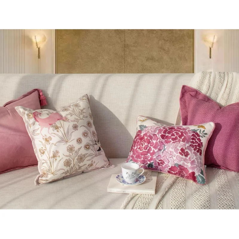 Bohemian Floral Embroidered Pillow Cover Set | Luxury Velvet & Printed Cushion Cases with Tassels | Retro Pink Peony Bird Decor