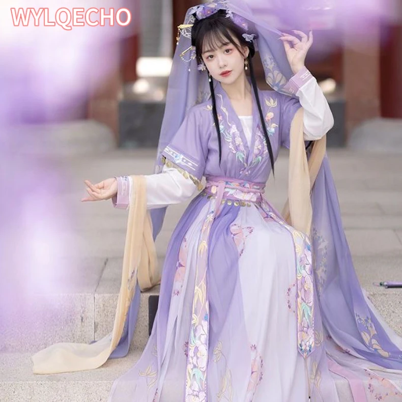 중국 Hanfu 드레스 여성 고대 전통 Hanfu 세트 카니발 요정 코스프레 의상 보라색 파란색 녹색 Hanfu 댄스 드레스