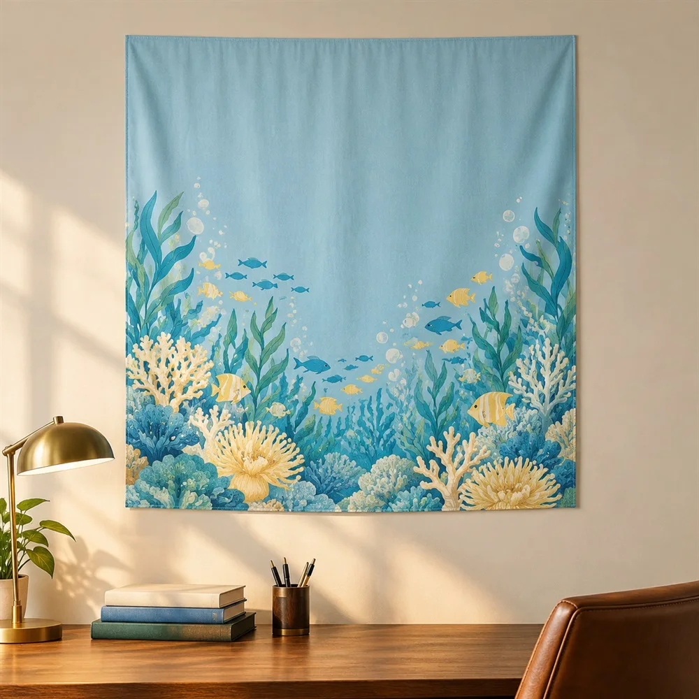 VIKAMA Ocean Coral Reef Tapestry Wall Hanging, Underwater Sea Wall Art, Coastal Decor for Bedroom Bathroom Kids Room Living Room