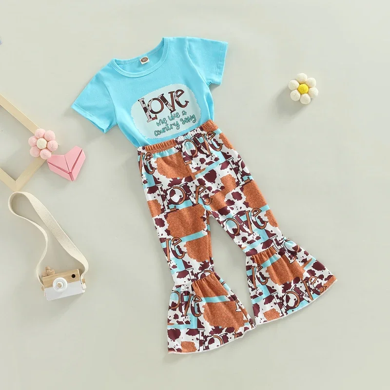 Kids Girls Valentine s Day Outfits Letter Print Round Neck Short Sleeve T-Shirts Tops Cow Spots Print Flare Pants 2Pcs Set