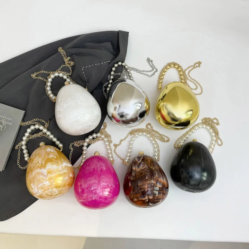 

Unique Acrylic Eggshell Clutch Bag Pearlescent Pearl Wristlet Evening Bag Detachable Chain Shoulder Bag for Banquet Dress Party