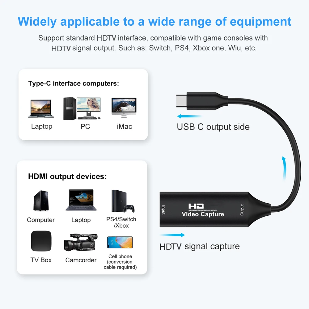 4K HDMI-compatible to USB-C Video Capture Card Board Game Record Live Streaming Broadcast