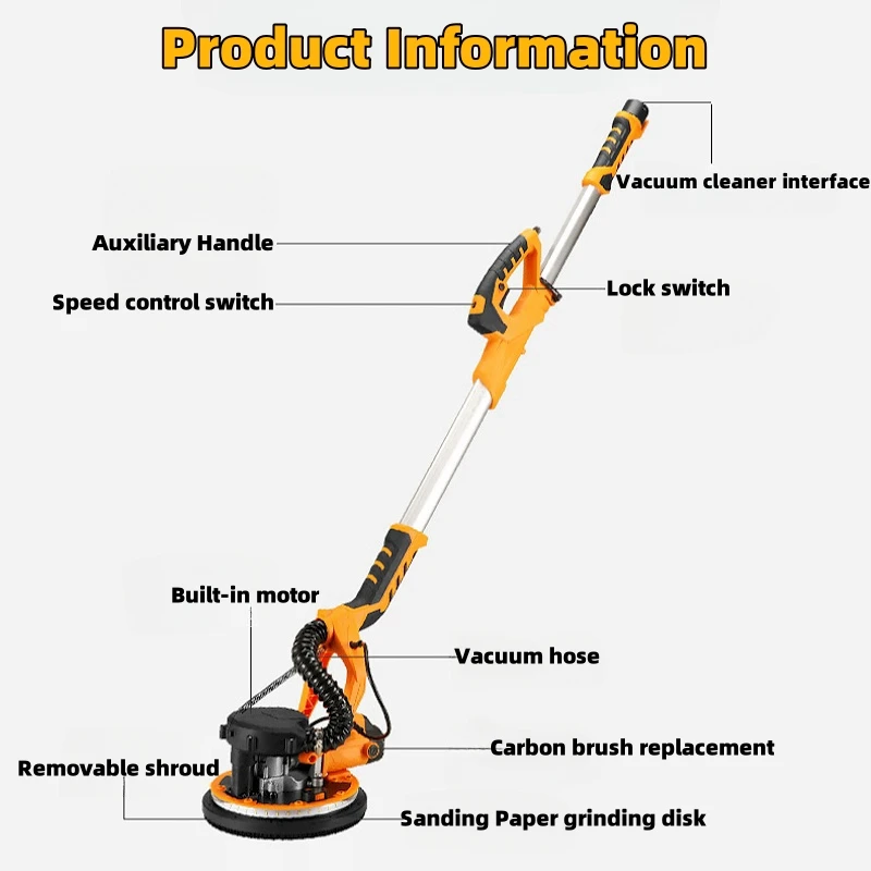 1390w 225mm Wall Grinding Machine Dust-Free Self-Absorption With Vacuum Led Light Portable No Dead Angle Polishing Machine