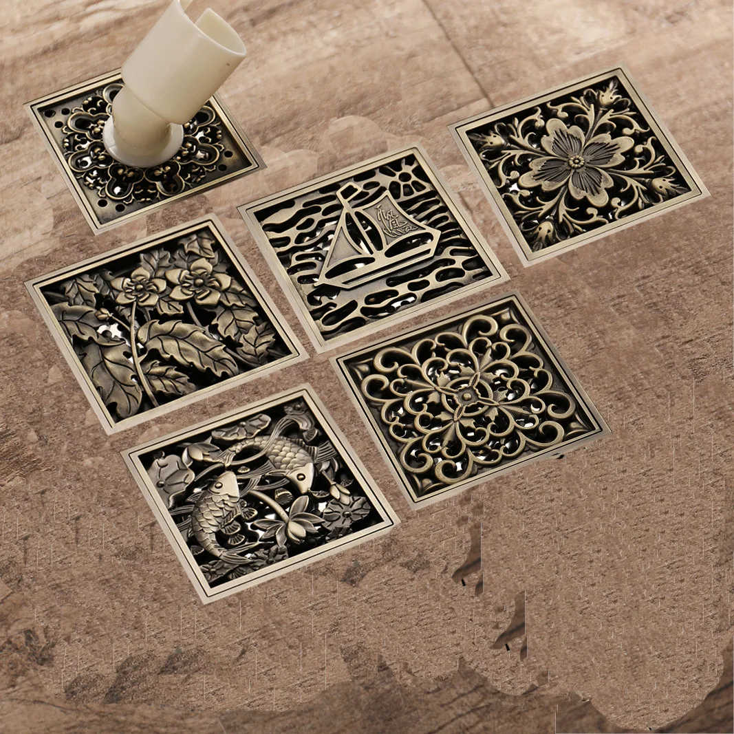 Antique Bronze Carved Brass Bathroom Floor Drain,Large Flow,Anti‑Odor Anti‑Backwater Insect Proof Vintage Wholesale Shower Drain