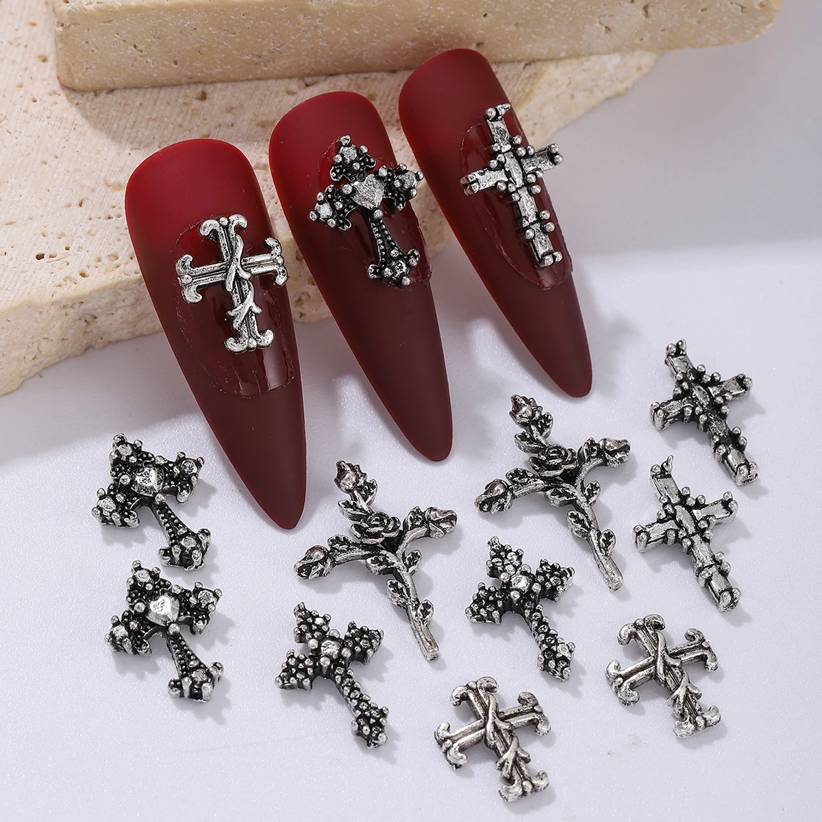 50pcs ancient silver punk wind cross nail decoration, alloy rhinestone, y2k metal style DIY nail styling decoration