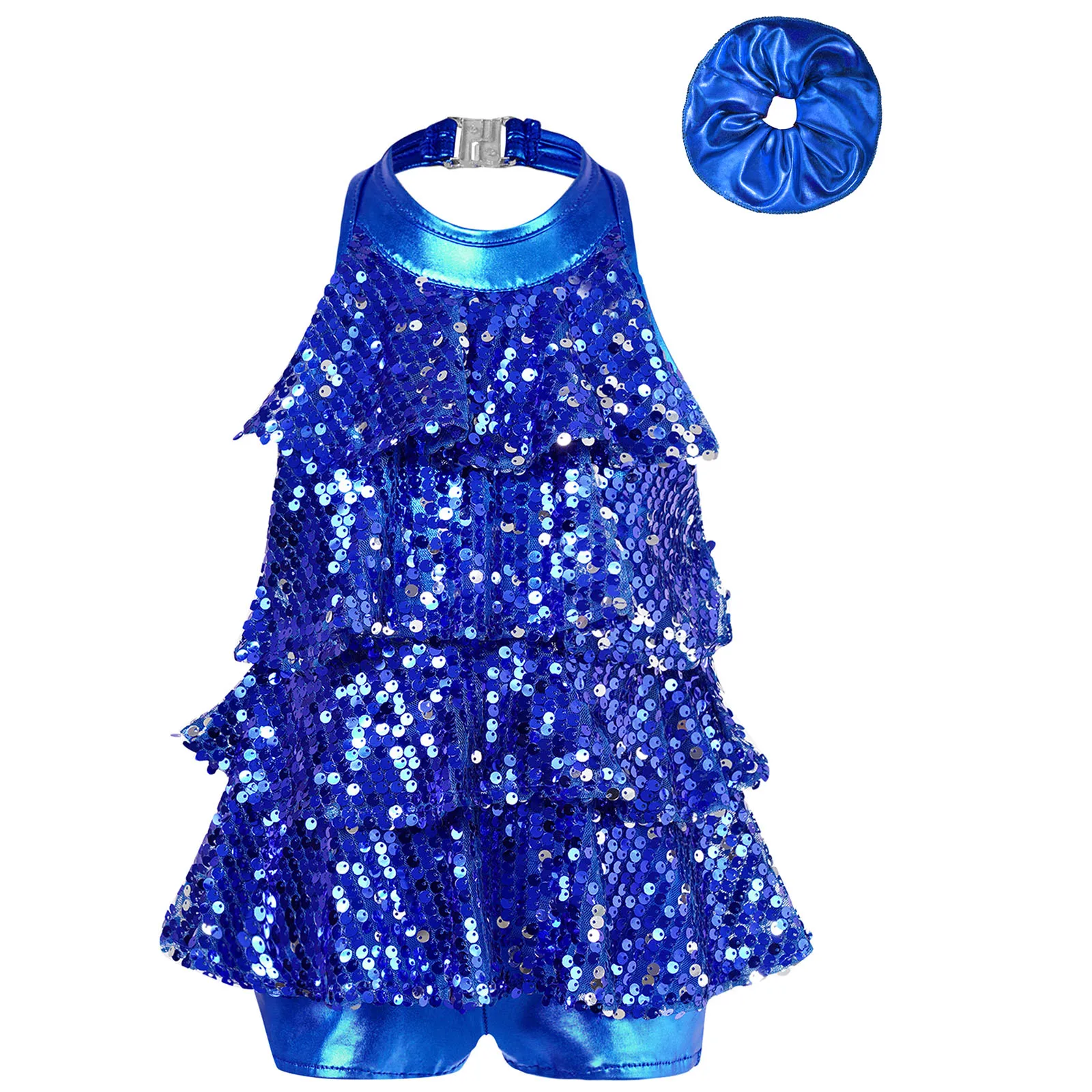 

Kids Girls Modern Jazz Latin Dance Outfit Two Piece Dancewear Sets Halter Shiny Sequins Leotard+Hair Band Childs Party Costumes