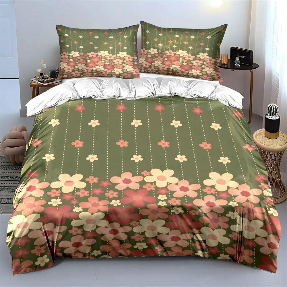 Pink and beige flowers on green background Bedding Set for Kids Luxury Gift 3pcs Digital Print Comforter Set Soft Comfortable