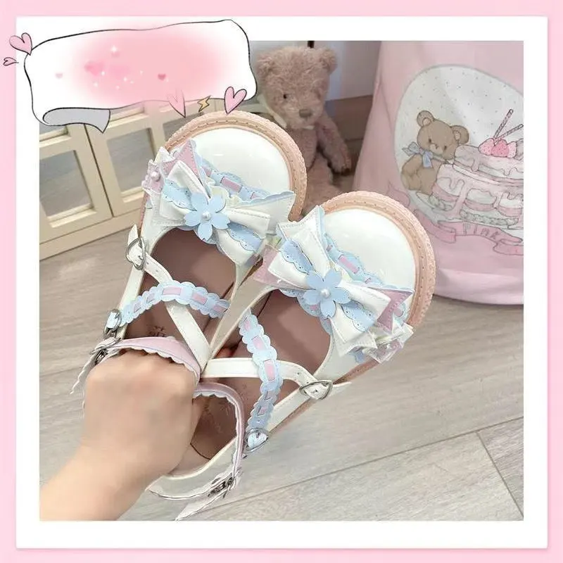 Girls Lolita Sweet Bowknots Platform Shoes Students Cute Small Bell Heart Shaped Straps Flat Elevator Shoes Mary Janes Loafers