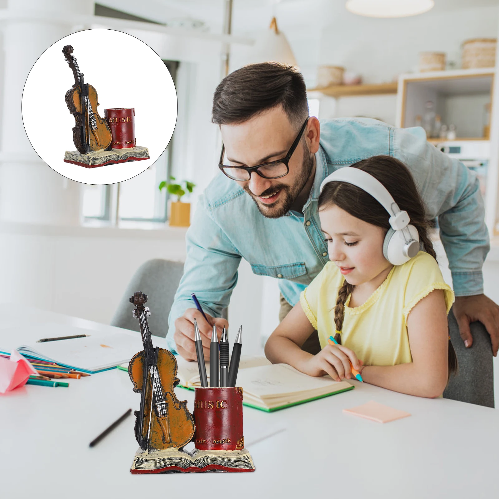 

Creative Violin Pen Holder Resin Desktop Decor Stationery Organizer For Office Home Multi-Functional Storage Brush Keys