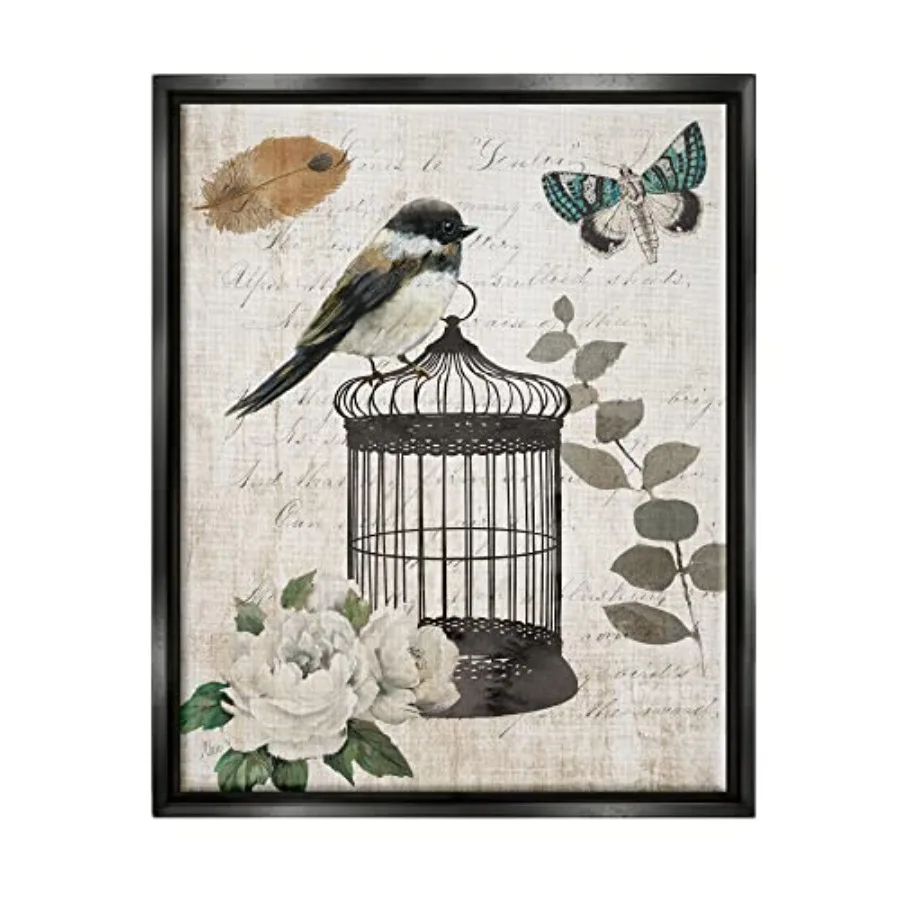

Vintage Bird Cage Butterfly Floral Script Words Floating Framed Wall Art Design By Nan for living room metal antique gold light
