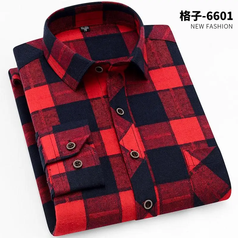 100% Cotton Flannel Men\'s Plaid Shirt Slim Fit Spring Autumn Male Brand Casual Long Sleeved Shirts Soft Comfortable 4XL