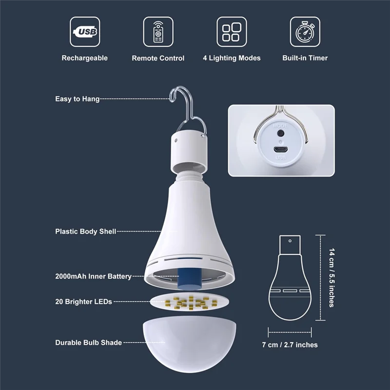 

A36T-USB Rechargeable Light Bulb, Battery Backup Emergency Light Bulb For Home Power Outage, Hanging LED Light Bulb,4 PCS Easy T