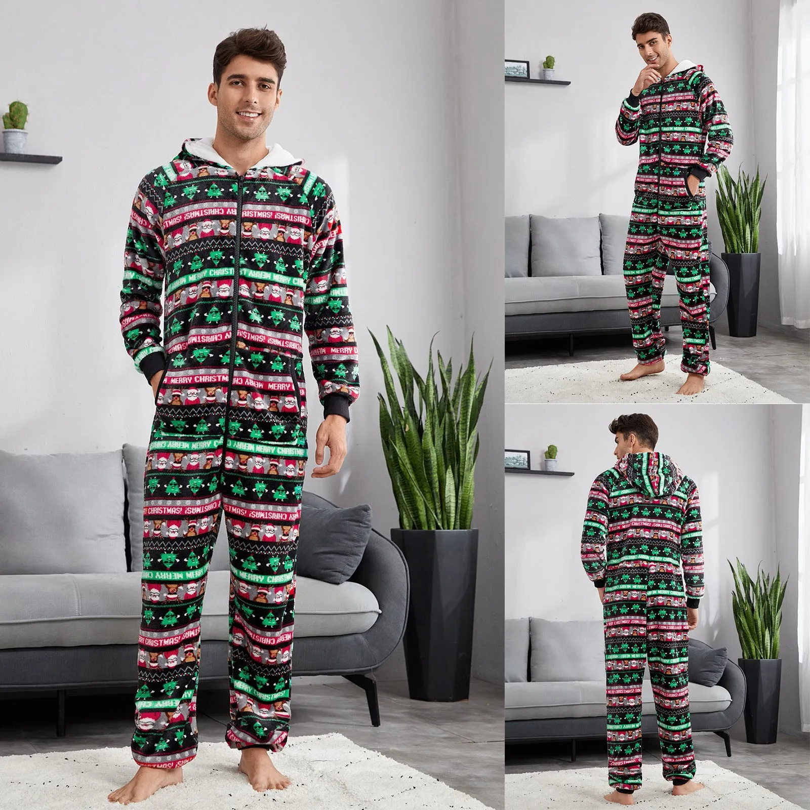 Christmas Onesie Men Jumpsuit Sleeping Clothes Zipped Up Men One Piece Hooded Jumpsuit Fleece Winter Warm Adult Onesie Sleepwear