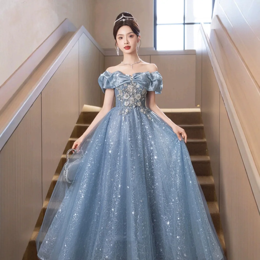 

Синее вечернее платье на одно плечо с завышенной талией для женщин, для вечеринок и торжественных мероприятий, красивое и изысканное.