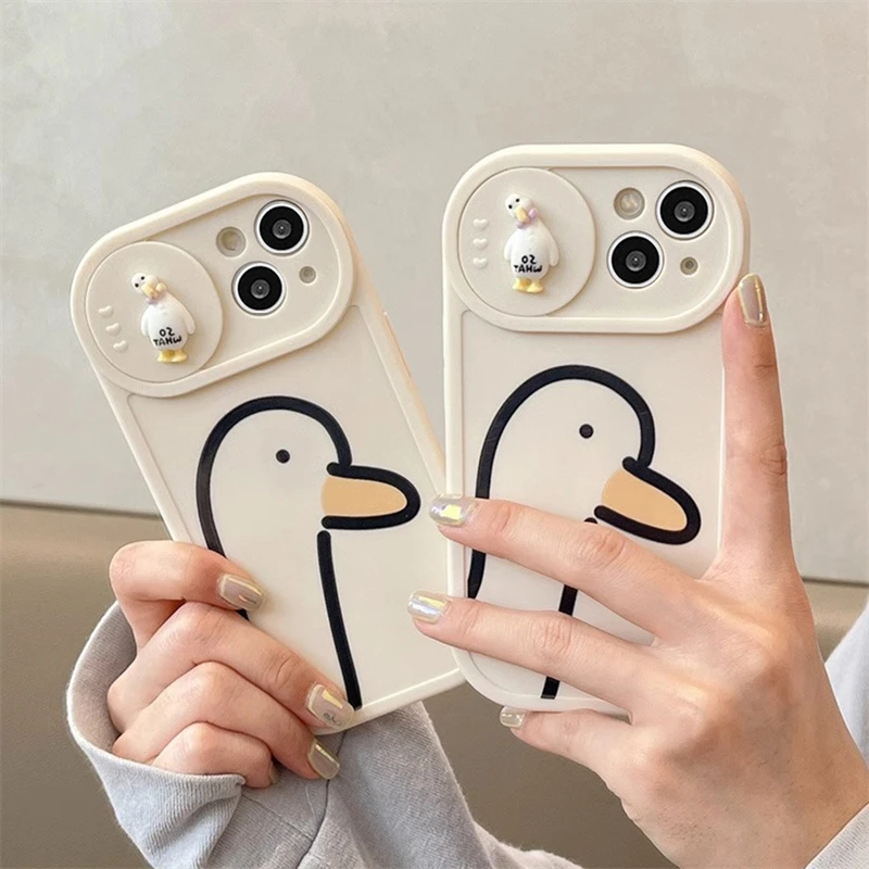 Dumb Cute Cartoon Question Mark Duck Style Phone Cases For Iphone15 14 13 Pro Max New Back Phone Cover Sliding Lens Phone Fundas