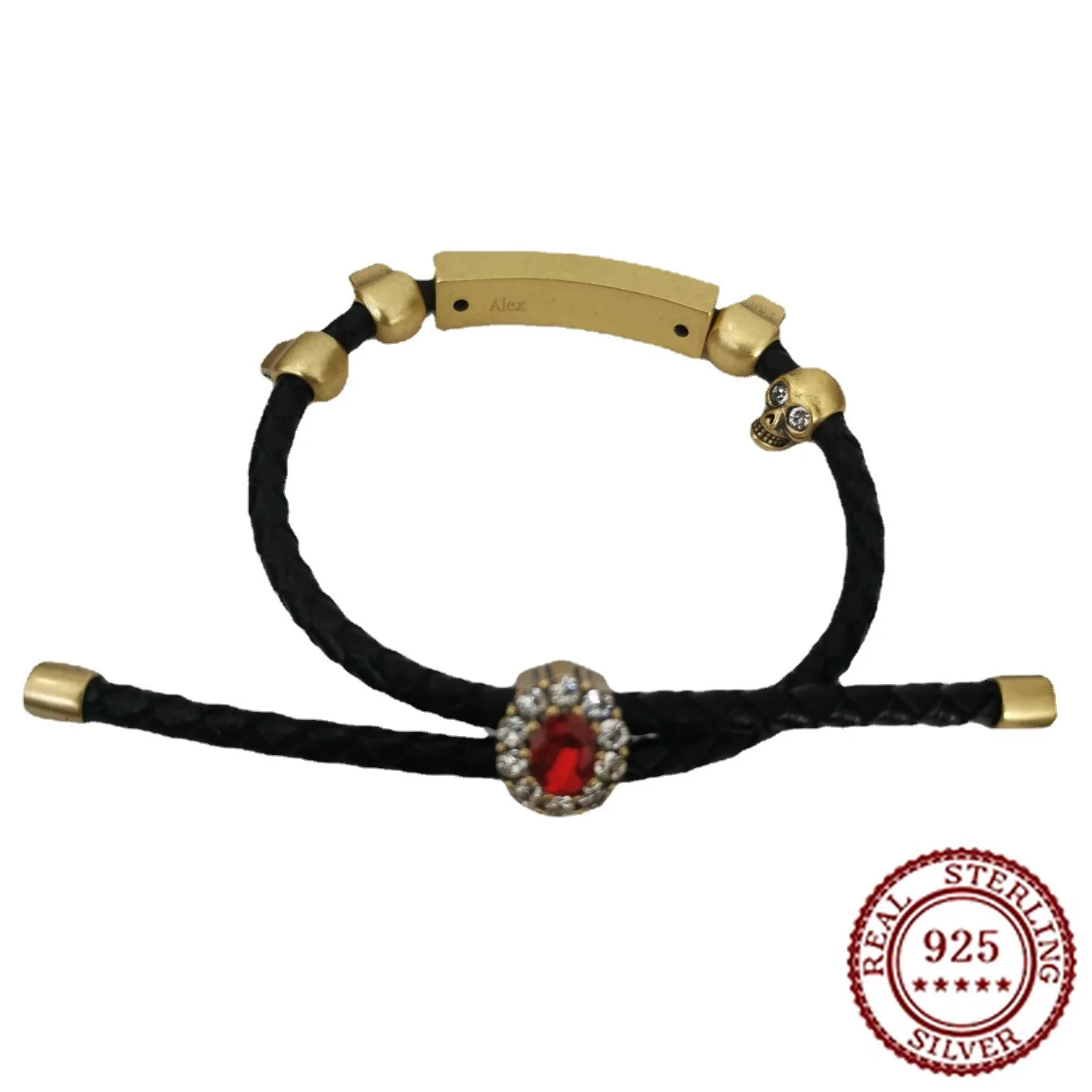 

2025 New Trendy Classic Skull Head Long Leather Rope Bracelet Retro Red Diamond Braided Hand Rope Bracelet