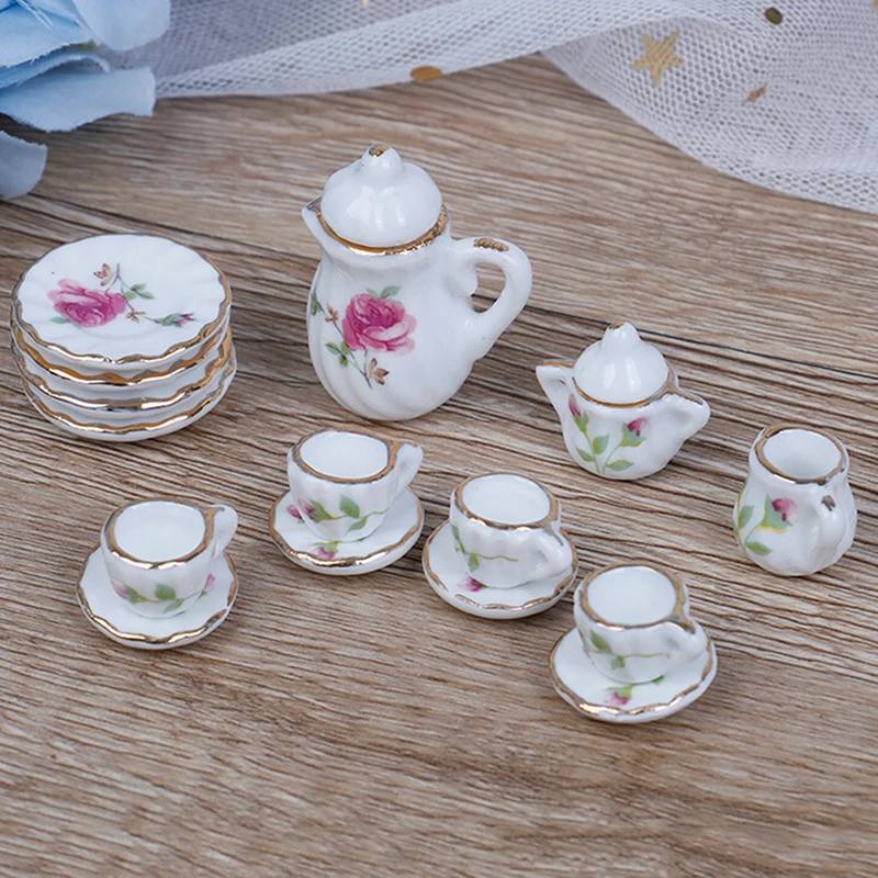 15 Pçs/set 1:12 Casa de Bonecas Miniatura Talheres Porcelana Cerâmica Conjunto de Xícaras de Chá Brinquedos