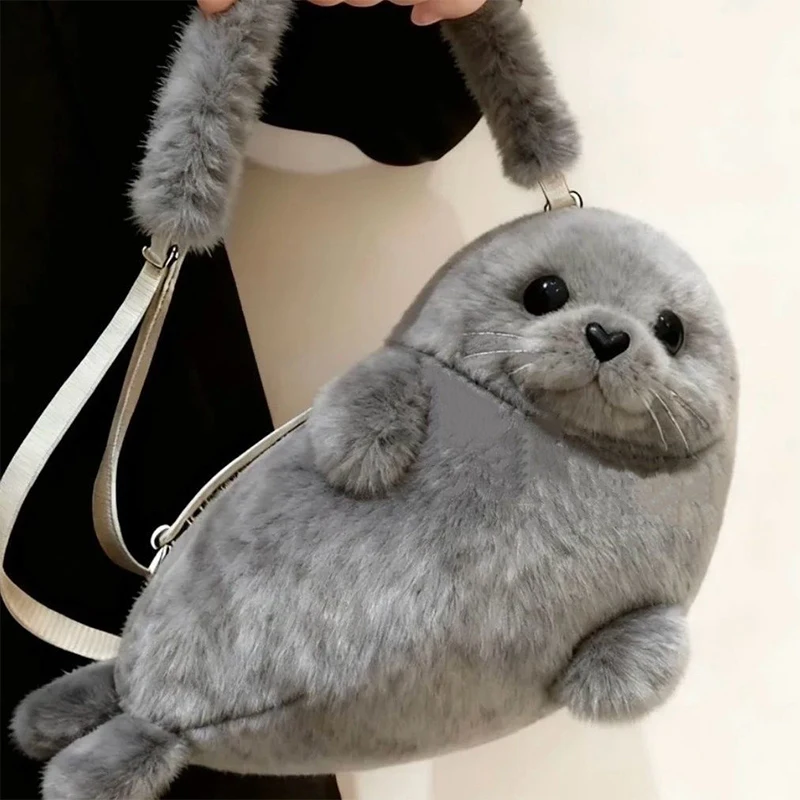 SXH Adorable Seal Plush Handbag Portable Autumn Winter New Cute Seal Fur Bag Ladies Handbag Soft Women Girls Pouch Bag