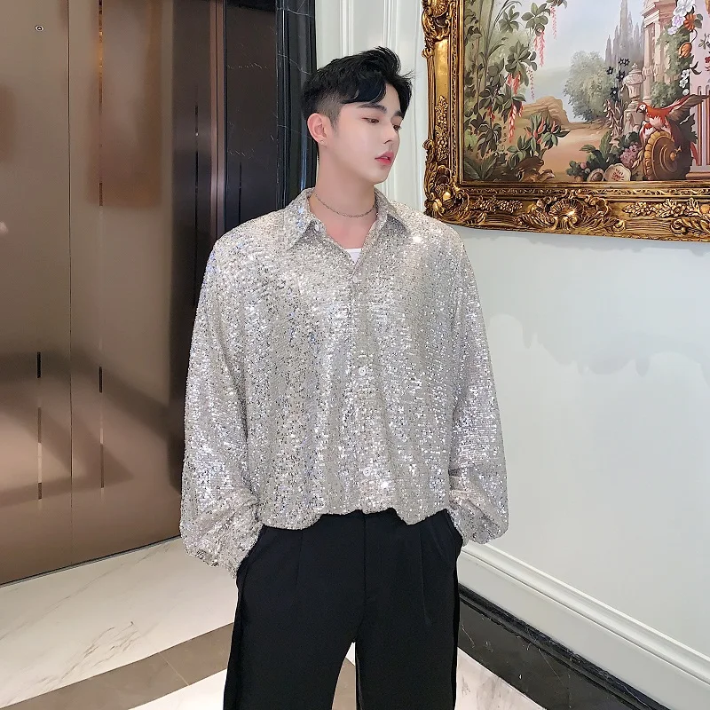 

Silver Sequin Long Sleeved Men's Loose Fitting Shirt Bar Nightclub DJ Performance Costume Singer Dancer Stage Clothing