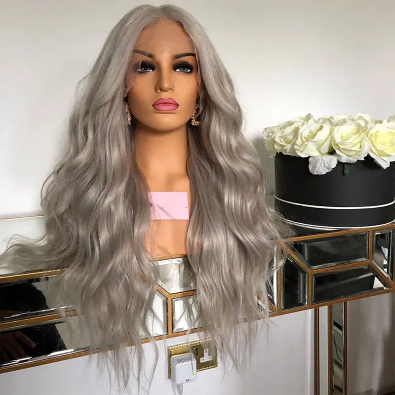 Silver Grey Loose Wave Hair Wig Synthetic 13x4 Lace Front Wigs High Quality Heat Resistant Fiber Hair Middle Parting For Women