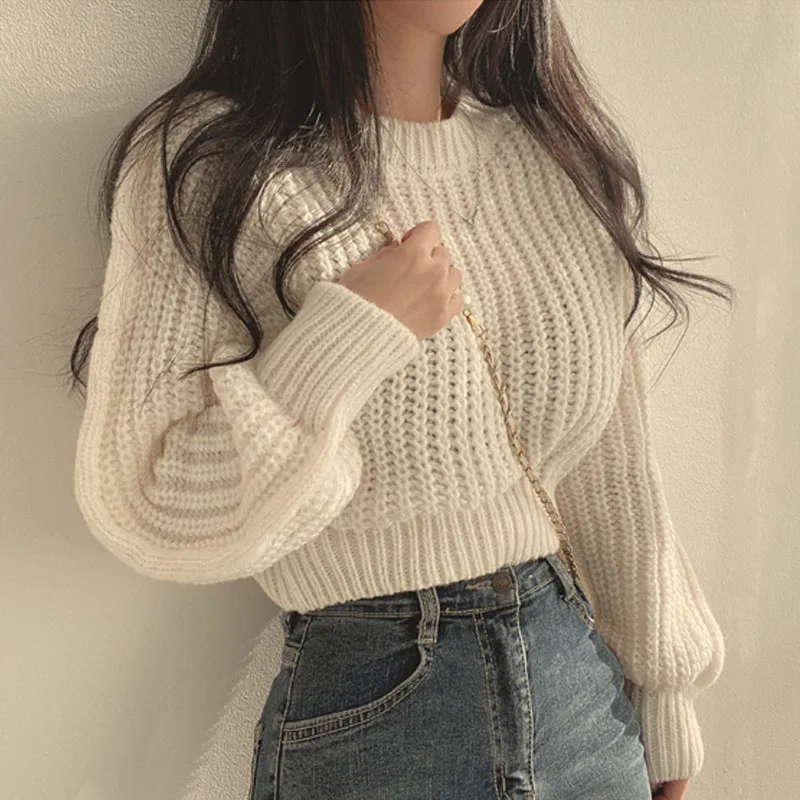 

Knitted Sweater Women Pullovers New Long Sleeve O-Neck Black Knit Sweater Pullover Women Tops Knitwears Sueters De Mujer Q1452