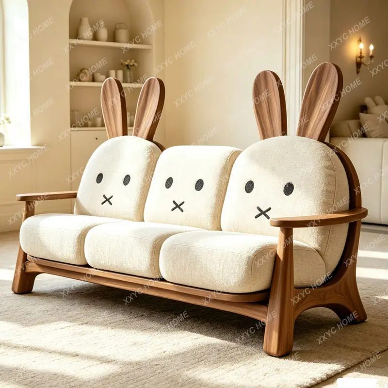 

New chinoiserie solid wood sofa cartoon rabbit shape black-white ash living room fabric sofa chair