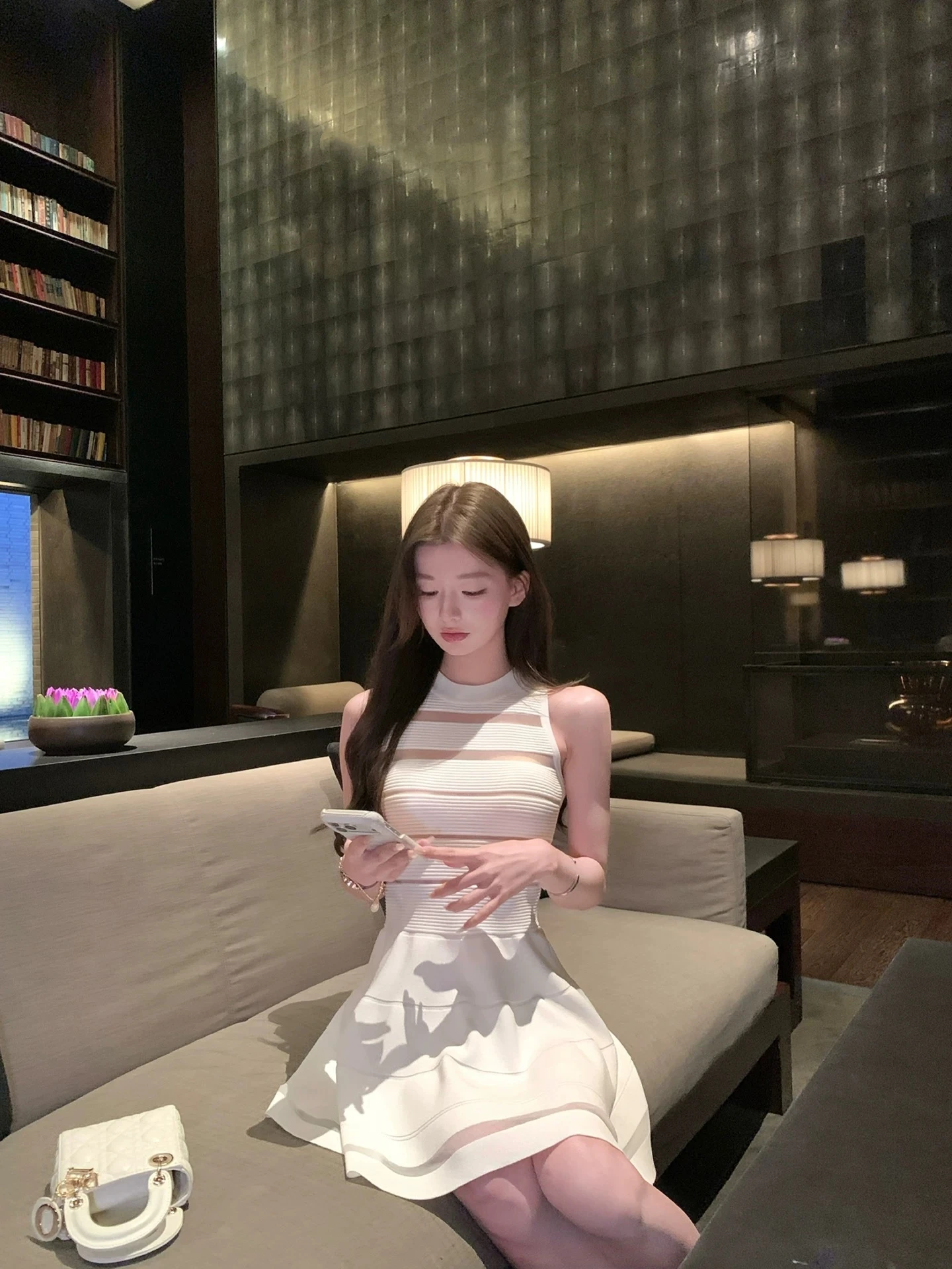

Zhang Ying Hollow Stripe Slim Fit Knitted Dress European Organza Splicing Low Elasticity A-Line Summer Casual round Neck Slee...