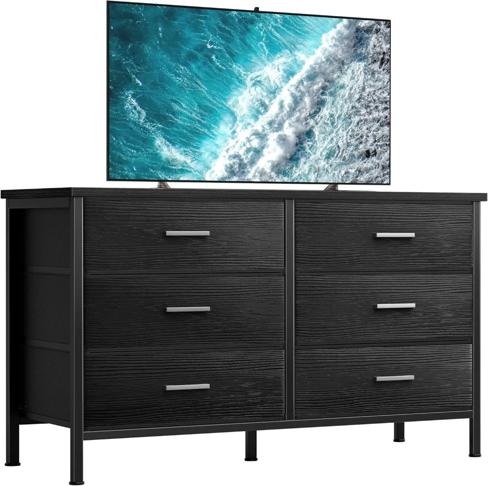 

BOLUO Black Dresser for Bedroom 6 Drawer,Wide Dresser TV Stand for 60" TV Dressers & Chests of Drawers Fabric