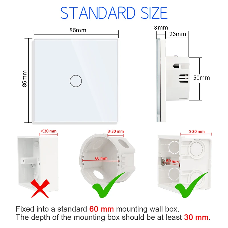 DAJIMEI Wall Touch Switch 220V EU Standard Tempered Crystal Glass Panel Power 1/2/3 Gang 1 Way Light Sensor Switches