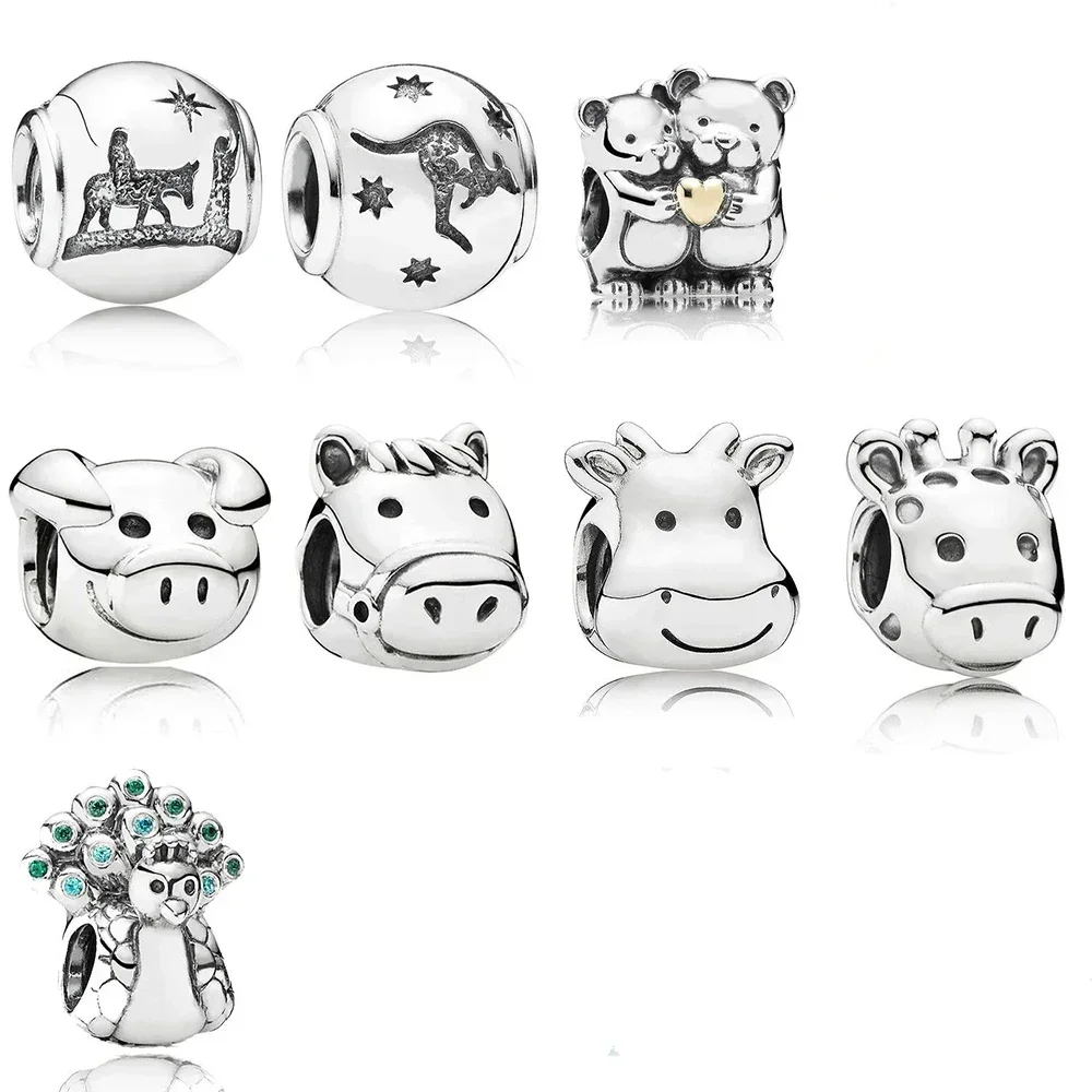 

2019 NEW 100% 925 Sterling Silver Heart Shaped Cute Animal Pig Cow Horse Deer Charm Fit DIY Bracelet Fashion Original Jewelry