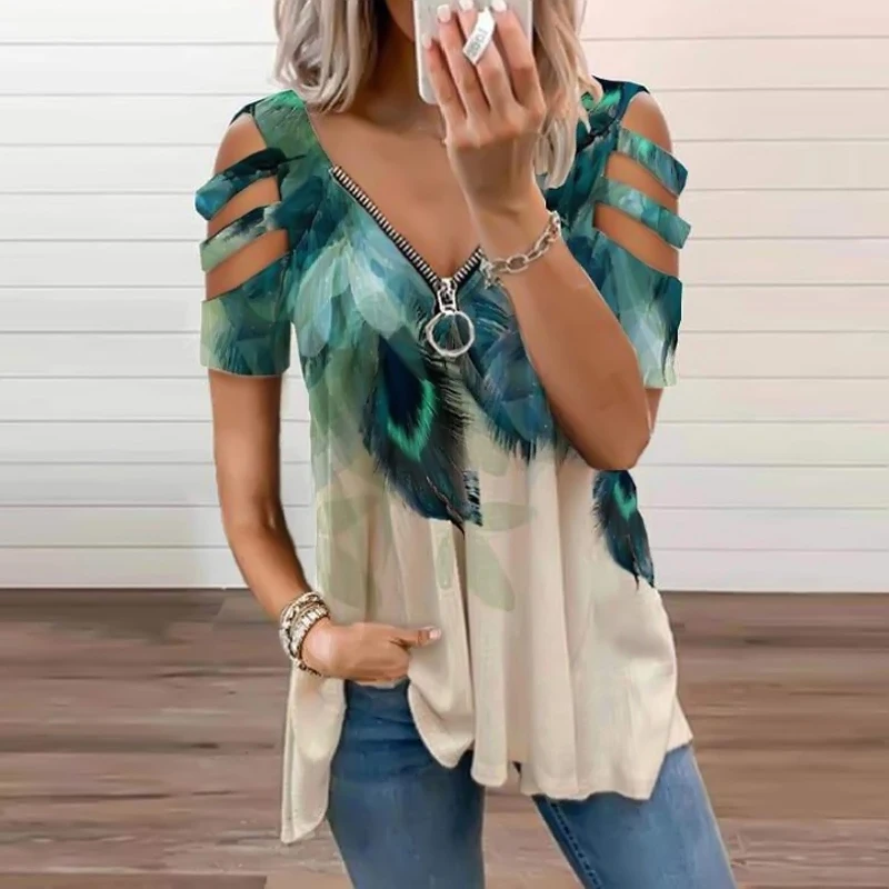 Summer Women\'s Oversized T-shirt 2022 Elegant Print Floral Casual Zipped V-Neck Sexy SlimTop Female Plus Size For Women Clothing