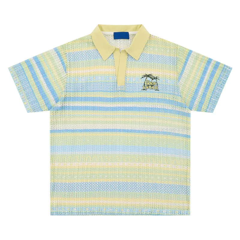 American Retro Gradient Striped Hollow POLO Shirt Short Sleeved T-shirt for Men and Couples Loose