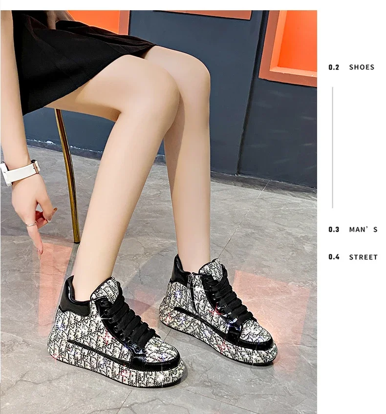 Women's Full Diamond Platform Sneakers Personalized Water Diamond Colored Embroidery Casual Shoes High Top Luxury Sports Shoes