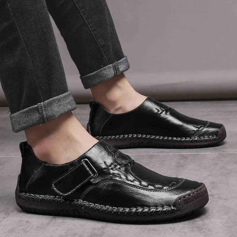 Sapato casual masculino de couro rachado, tênis respirável, mocassins de enfiar, mocassins clássicos, sapatos de condução confortáveis, marca