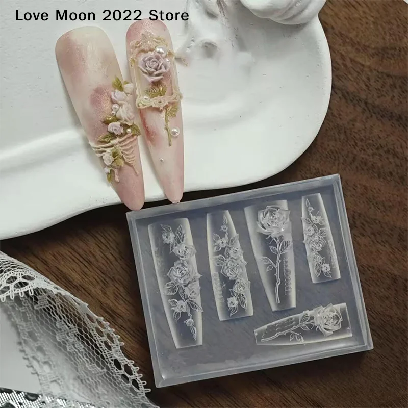Stampo per intaglio di unghie con fiore in silicone 3D fai-da-te Crea fiori di rosa Piastra per timbratura Stencil per unghie Modello per unghie Decorazioni per nail art