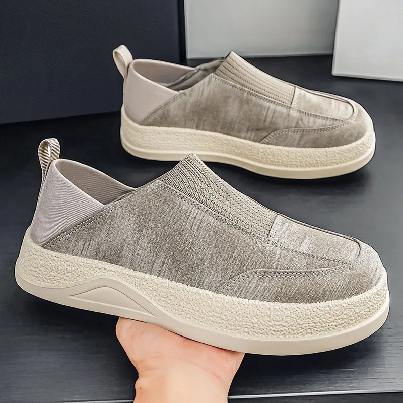 Men Thick Platform Loafers Shoes, Fabric Elastic Knit Splicing Lightweight Non‑Slip Soft Sole Daily Driving Walking Men Footwear