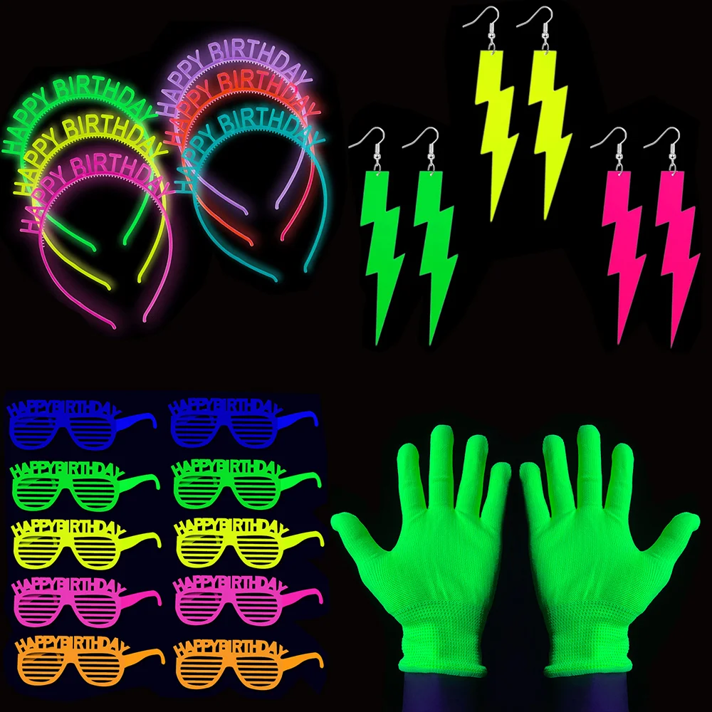 

Neon Happy Birthday Party Decoration Glow in the Dark Supplies UV Reactive Headbands Glasses Hair Band Fluorescent Glove Earring